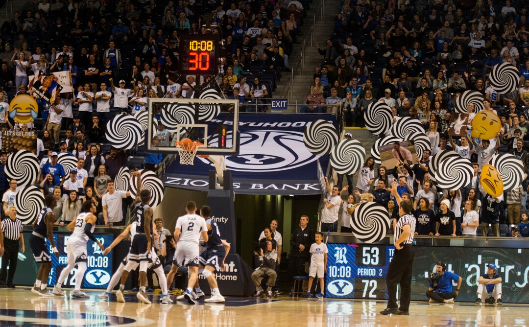 (Rick Egan  |  The Salt Lake Tribune)  BYU fans attempt to distract Rice Owls guard Ako Adams (3), in basketball action between Brigham Young Cougars and Rice Owls, at the Marriott Center in Provo, Wednesday, Nov. 21, 2018.