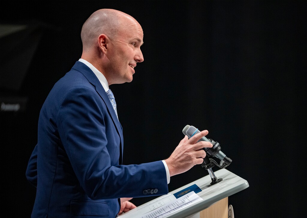 (Rick Egan | The Salt Lake Tribune)  Gov. Spencer Cox answers questions during his monthly news conference at the Eccles Broadcast Center, on 
Thursday, May 18, 2023. Cox, who said he’s passionate about immigration reform, called Congress “imbeciles” who “should all get fired" for not assign immigration reform.