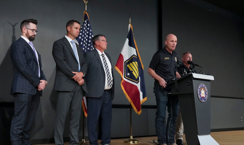 (Bethany Baker | The Salt Lake Tribune) Gov. Spencer Cox speaks during a news conference following the shooting death of conservative commentator Charlie Kirk at Utah Valley University in Orem on Wednesday, Sept. 10, 2025.