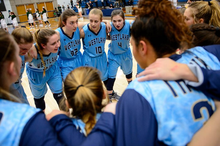 (Trent Nelson | The Salt Lake Tribune)  Westlake huddles up before the game as Hillcrest faces Westlake in the 6A High School Girls' Basketball Tournament at SLCC in Taylorsville, Thursday Feb. 22, 2018.