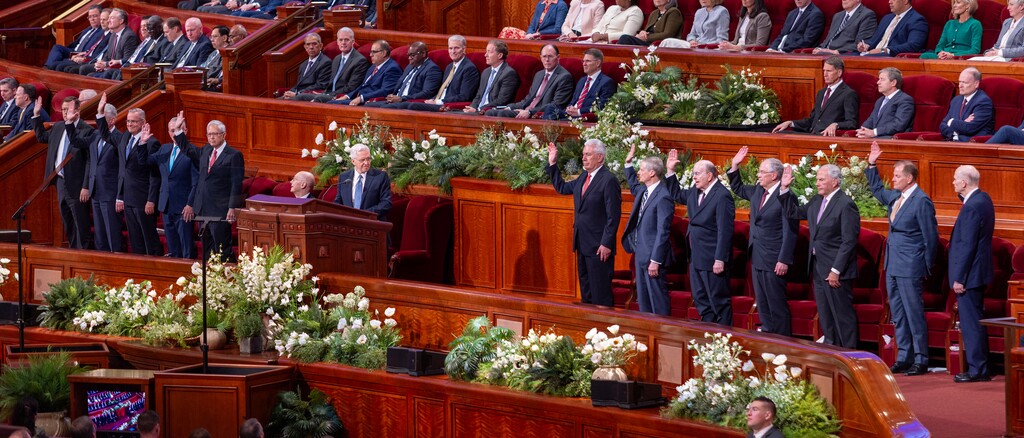 (The Church of Jesus Christ of Latter-day Saints) Apostles sustain Dallin Oaks as the church president in an April 4, 2026, solemn assembly. Columnist Gordon Monson selected eight conference speakers he'd like to take to lunch.
