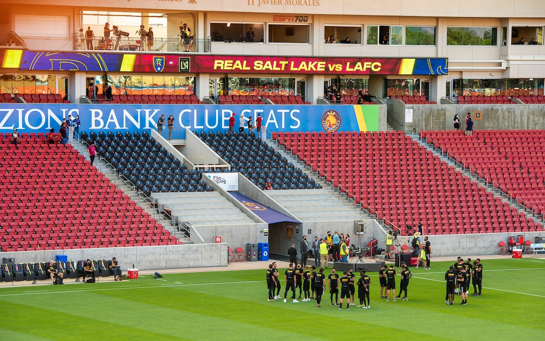 (Rick Egan  |  The Salt Lake Tribune)     Players mingle on the field in the empty stadium as the game between Real Salt Lake and LAFC was postponed after teams in sports leagues across the country boycotted scheduled games to protest the police shooting of Jacob Blake, RSL and LAFC followed suit, along with the rest of MLS, on Wednesday, Aug. 26, 2020.