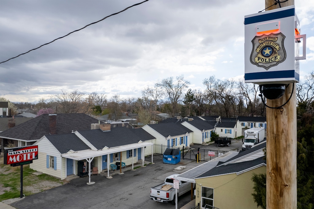 (Rick Egan | The Salt Lake Tribune) Salt Lake City Police security cameras near the Main Street Motel 1520 South Main Street on Thursday, April 3, 2025.