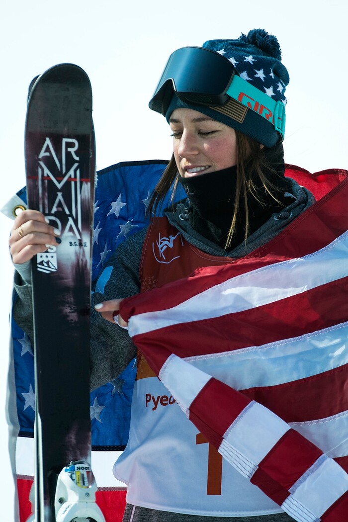 (Chris Detrick  |  The Salt Lake Tribune)  Brita Sigourney of the United States celebrates after the Ladies' Ski Halfpipe Final Run at Phoenix Park during the Pyeongchang 2018 Winter Olympics Tuesday, Feb. 20, 2018. Sigourney finished in 3rd place with a score of 89.80.