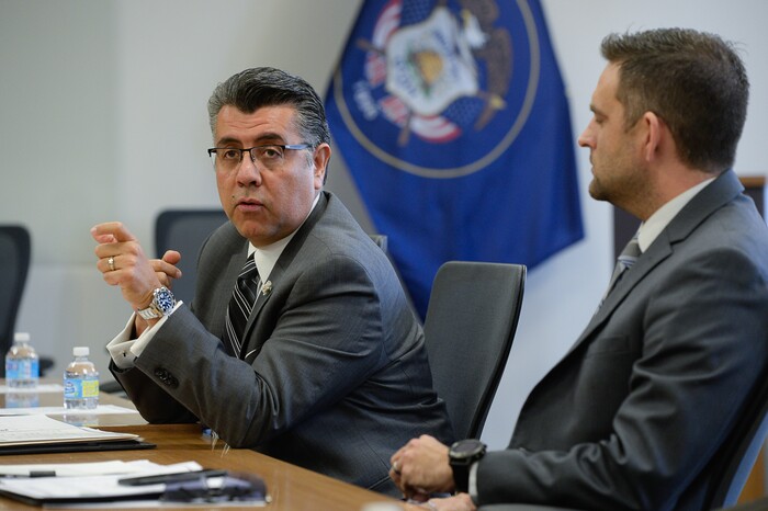 (Francisco Kjolseth | The Salt Lake Tribune) Alex Guzman with the Utah Hispanic Chamber of Commerce points out the significant positive impact immigrants make to the state of Utah. World Trade Center Utah hosted an immigration roundtable with community leaders to discuss how immigrants contribute to the Utah economy and the need for immigration reform. The event marked the launch of the iMarch for Immigration Campaign, a national day of action in all 50 states on Wed. Dec. 6, 2017, in an effort to push forward with a solution for Deferred Action for Childhood Arrivals (DACA), the so called "DREAMers" who came to the U.S. as children.