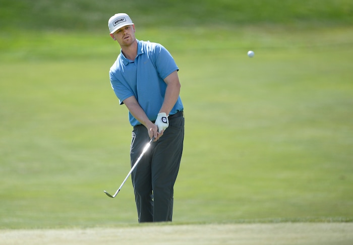 (Scott Sommerdorf | The Salt Lake Tribune)
Patrick Fishburn chips onto the 18th green on his way to winning the Utah Open golf tournament played at the Riverside Country Club, Sunday, August 27, 2017. Fishburn won by nine strokes over last year's winner, Zahkai Brown.