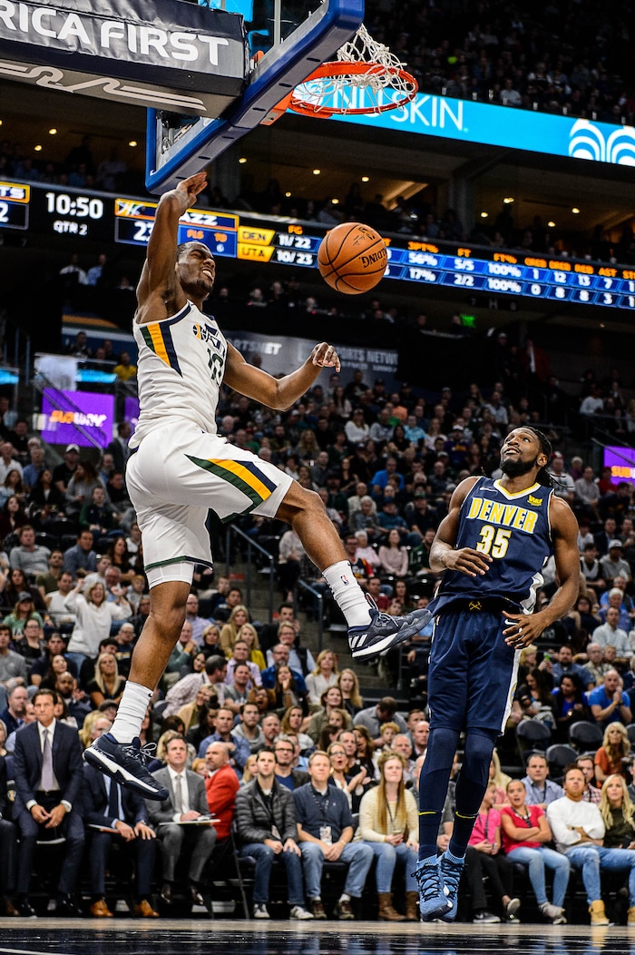 (Trent Nelson | The Salt Lake Tribune)  Utah Jazz guard Alec Burks (10) dunks as the Utah Jazz host the Denver Nuggets, NBA basketball in Salt Lake City, Wednesday October 18, 2017.