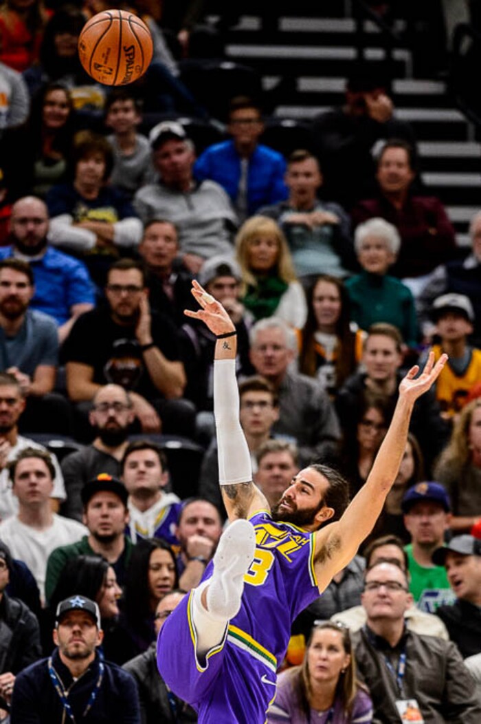 (Trent Nelson | The Salt Lake Tribune)  
Utah Jazz guard Ricky Rubio (3) shoots. The Utah Jazz host the Houston Rockets, NBA basketball in Salt Lake City on Thursday Dec. 6, 2018.