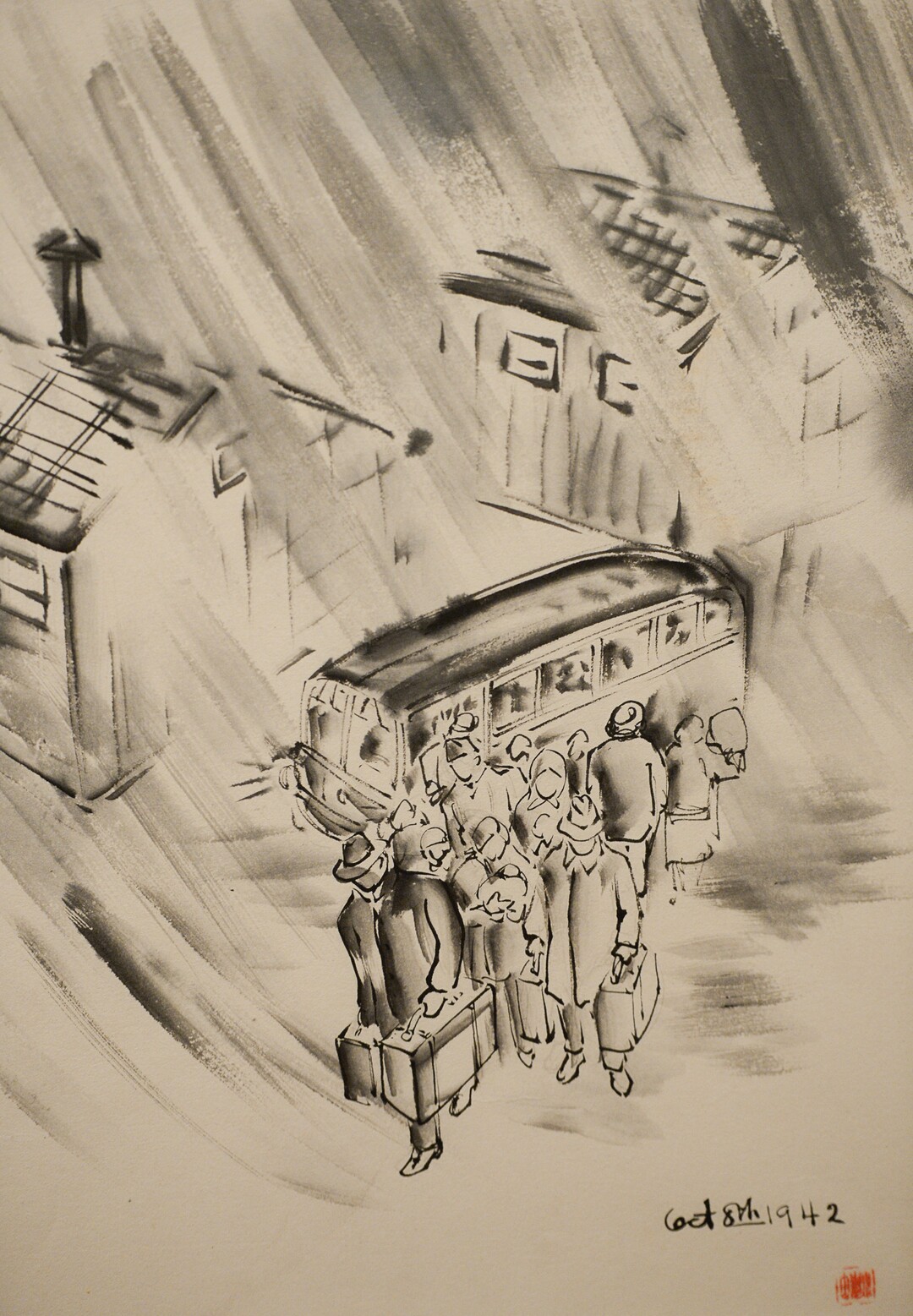 (Francisco Kjolseth  |  The Salt Lake Tribune)   The Utah Museum of Fine Art hosts "Chiura Obata: An American Modern," major touring retrospective of Japanese-American artist (1885-1975), whose work captured Western landscapes and his time at the Topaz War Relocation Center (internment camp) during World War II. Exhibit opens Friday, May 25. Pictured is Untitled (Arriving in a Storm), October 8, 1942, Sumi on paper. 