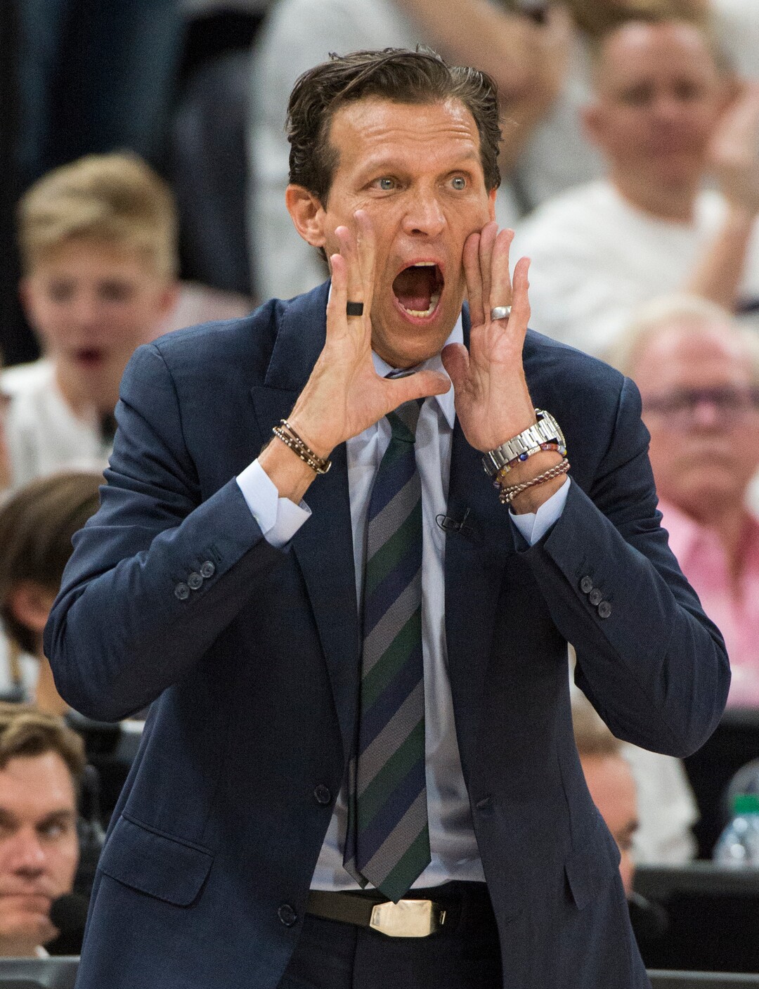 (Rick Egan  |  The Salt Lake Tribune)  The Utah Jazz head coach Quin Snyder shouts directions to his team, in game 4, NBA playoff action between Utah Jazz and Oklahoma City Thunder, in Salt Lake City, Monday April 23, 2018.