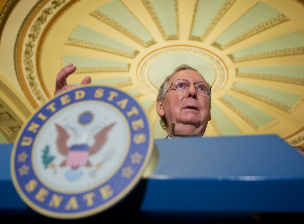 (Manuel Balce Ceneta | AP file photo) In this July 12, 2016 file photo, Senate Majority Leader Mitch McConnell of Ky. speaks during a news conference on Capitol Hill in Washington. McConnell says he’s waiting for the White House to chart a path forward on gun violence legislation following another mass shooting in Texas. Asked about a Senate vote on House-passed legislation to expand background checks for gun purchases, McConnell said, “The administration is in the process of studying what they’re prepared to support, if anything, and I expect to get an answer to that next week.”