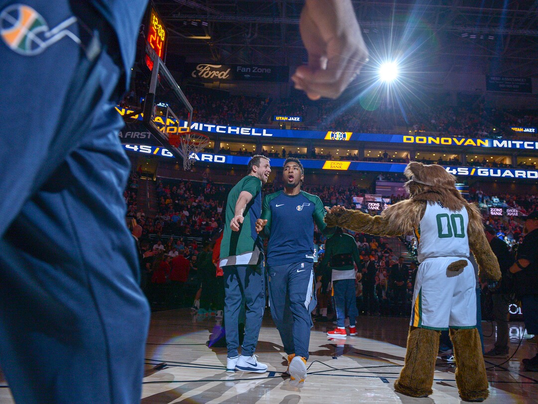 Leah Hogsten  |  The Salt Lake Tribune   Utah Jazz guard Donovan Mitchell (45) takes the court as the Utah Jazz host the Perth Wildcats, Sept. 29, 2018 at Vivint Smart Home Arena.