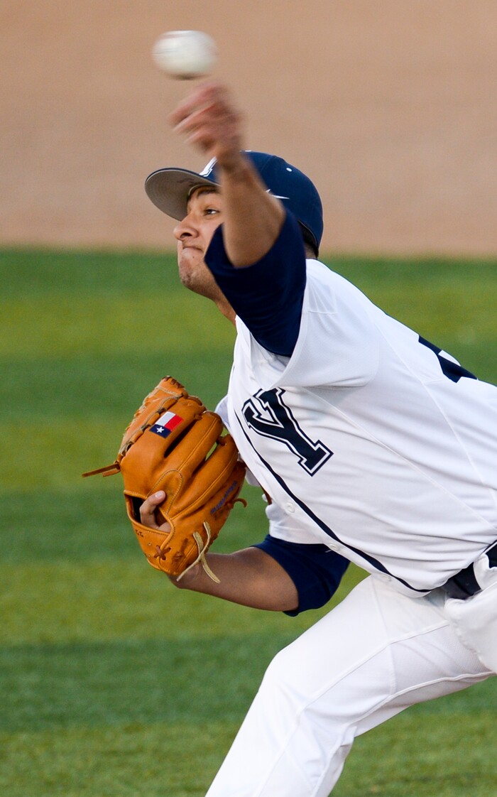 (Leah Hogsten  |  The Salt Lake Tribune) BYU relief pitcher Kenny Saenz enters in the 5th inning as Brigham Young University hosts University of Utah at Miller Park, Tuesday, April 24, 2018 in Provo.
