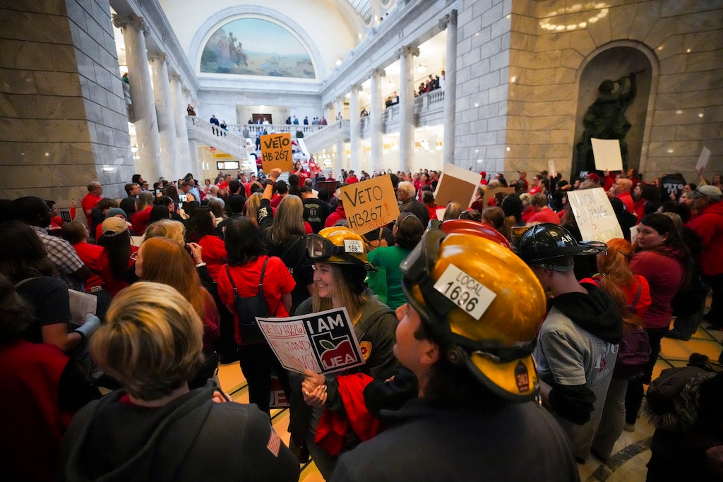 (Bethany Baker  |  The Salt Lake Tribune) Union supporters gather during a protest against HB267, a bill that limits collective bargaining for public unions, at the Utah Capitol in Salt Lake City on Friday, Feb. 7, 2025.