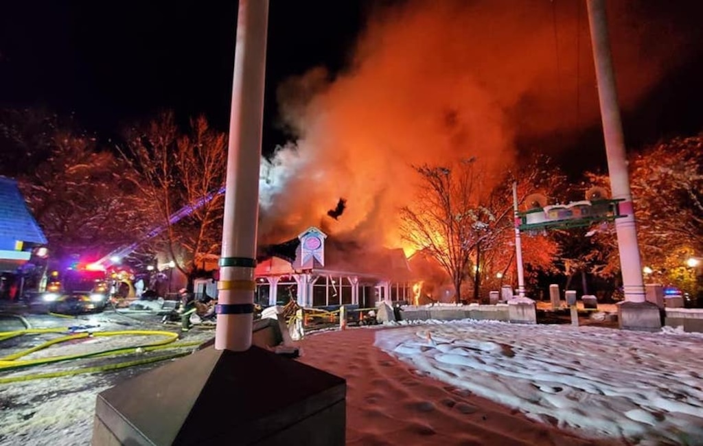 (Farmington Fire Department) Fire destroyed the Carousel Candy shop at Lagoon on Saturday night.