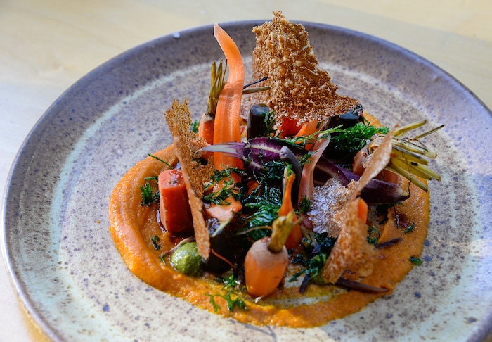 (Francisco Kjolseth  |  The Salt Lake Tribune)  The Carrots, roasted and braised, miso cured, brown rice chip and carrot top pesto at Oquirrh, a new fine-dining restaurant in downtown Salt Lake City at 368 E. 100 South.