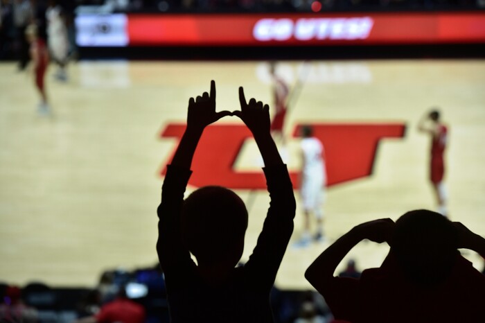 (Scott Sommerdorf   |  The Salt Lake Tribune)   Young fans "flash the U" during second half play as Utah defeated Eastern Washington 85-69, Friday, November 24, 2017. 