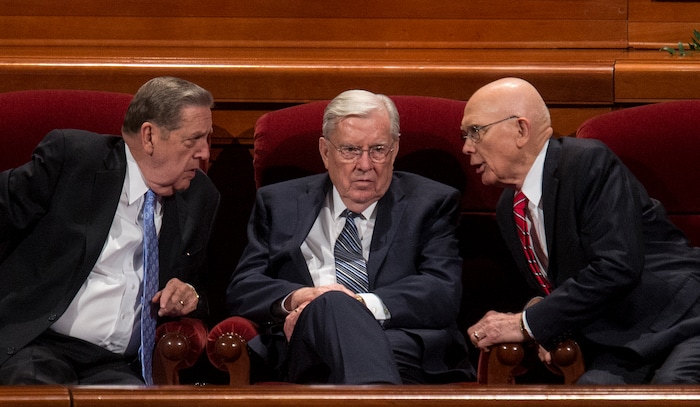 (Leah Hogsten | The Salt Lake Tribune) Jeffrey R. Holland, left, with M. Russell Ballard and Dallin H. Oaks, during a session of General Conference in 2017.