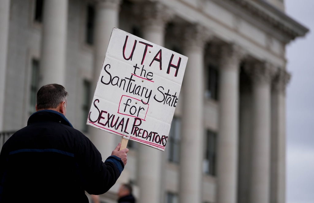 (Francisco Kjolseth | The Salt Lake Tribune) People march at the Utah Capitol on Saturday, March 4, 2023, in protest of the legislature’s failure to pass any bills regarding mandatory sex abuse reporting by clergy this session.