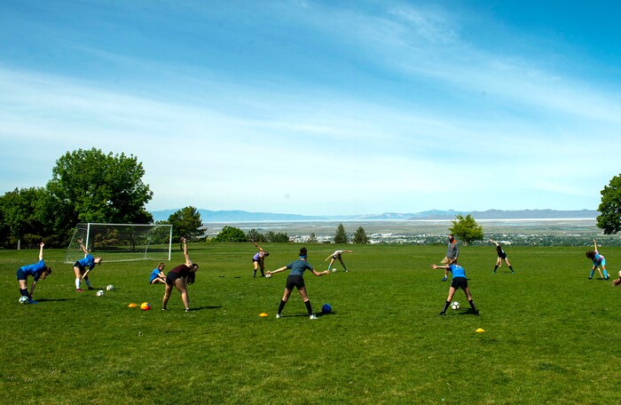 (Rick Egan  |  The Salt Lake Tribune)       A soccer team practices at a field above Mueller Park Jr. High in Bountiful, Saturday, May 16, 2020.