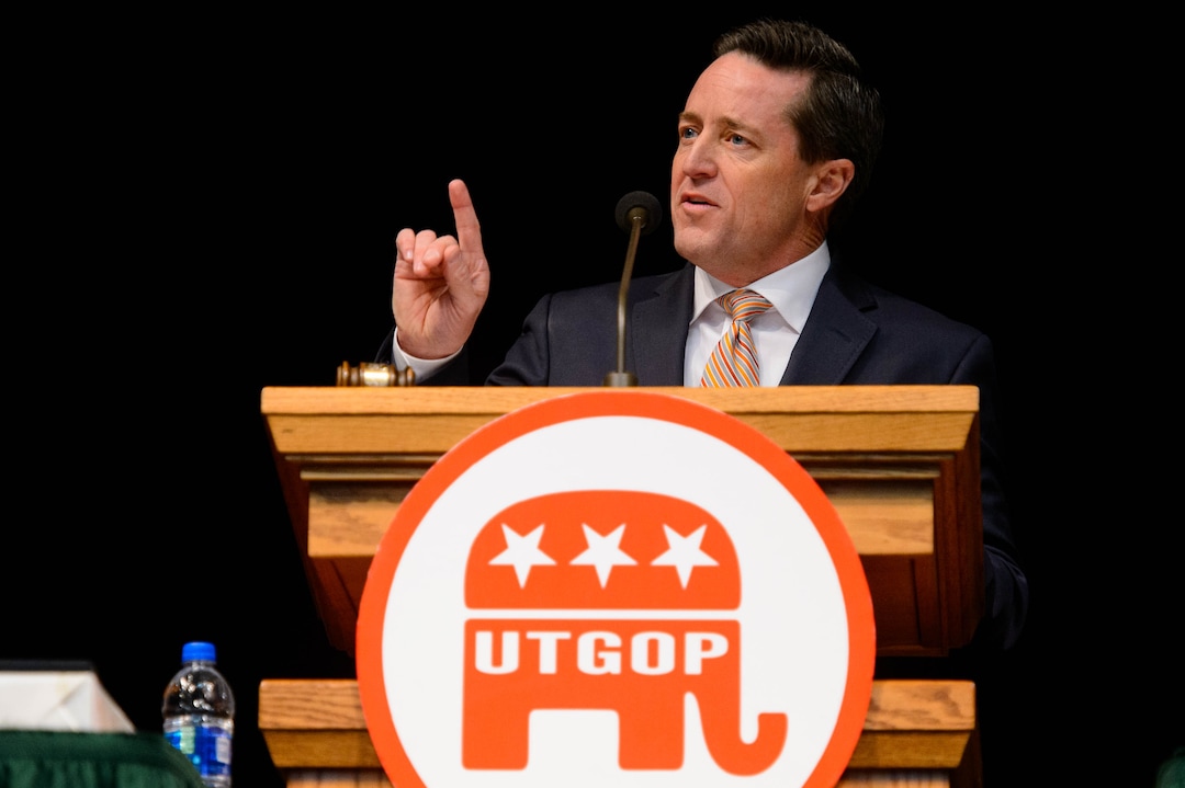 (Trent Nelson  |  The Salt Lake Tribune)  New State Party Chair Derek Brown speaks at the Utah Republican Party's 2019 Organizing Convention at Utah Valley University in Orem on Saturday May 4, 2019.
