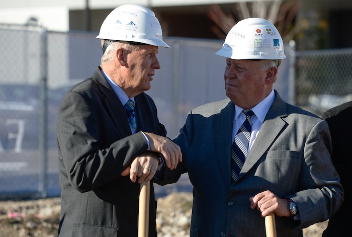 (Francisco Kjolseth | The Salt Lake Tribune) Wasatch Commercial Management founder Dell Loy Hansen, right, is joined by West Valley City Mayor Ron Bigelow as they get ready to break ground Tuesday, Nov. 28, 2017, in West Valley City for the state-of-the-art ÒFairbourne StationÓ that will serve as the cornerstone of the new downtown in UtahÕs second-largest and most diverse city.