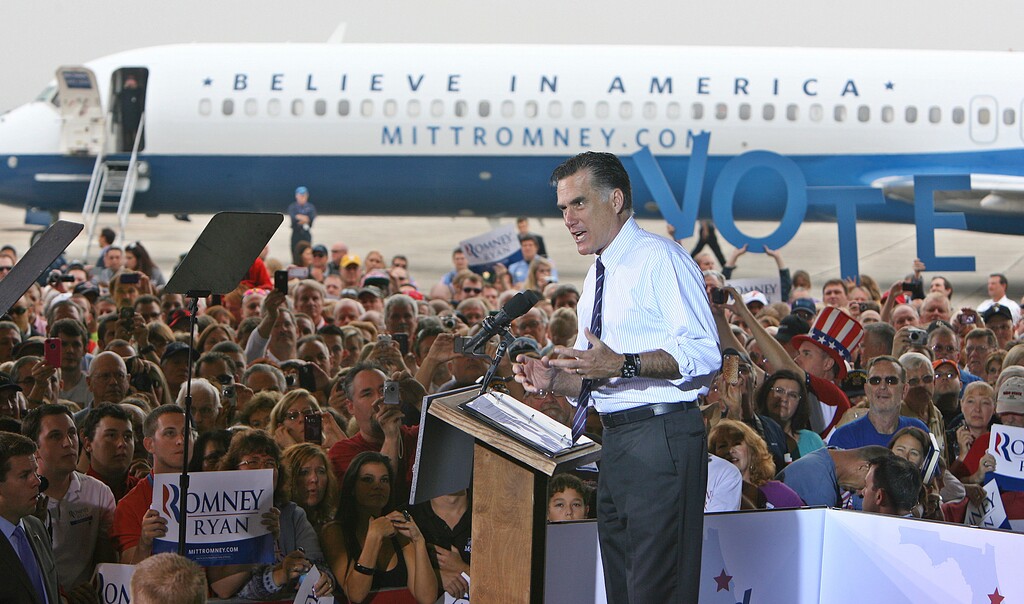 (Scott Keeler| file photo Tampa Bay Times via AP) Then-GOP presidential nominee Mitt Romney gives a speech to supporters at the Sanford International Airport in Sanford, Fla. on Nov. 5, 2012.