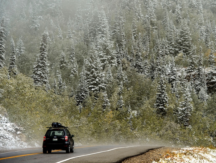(Steve Griffin | The Salt Lake Tribune) A fall storm leaves a trace of snow in Little Cottonwood Canyon in Salt Lake City Friday September 22, 2017.