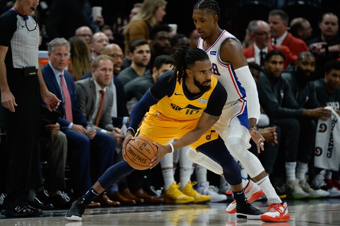 (Francisco Kjolseth  |  The Salt Lake Tribune)  Utah Jazz guard Mike Conley (10) tries to maneuver around Philadelphia 76ers guard Josh Richardson (0) as the Utah Jazz host the Philadelphia 76ers in their NBA basketball game at Vivint Smart Home Arena in Salt Lake City on Wednesday, Nov. 6, 2019.