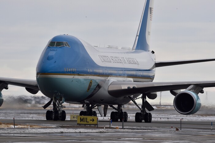 (Scott Sommerdorf   |  The Salt Lake Tribune)   Air Force One arrives at the Ronald R Wright National Air Guard Base, Monday, December 4, 2017.  