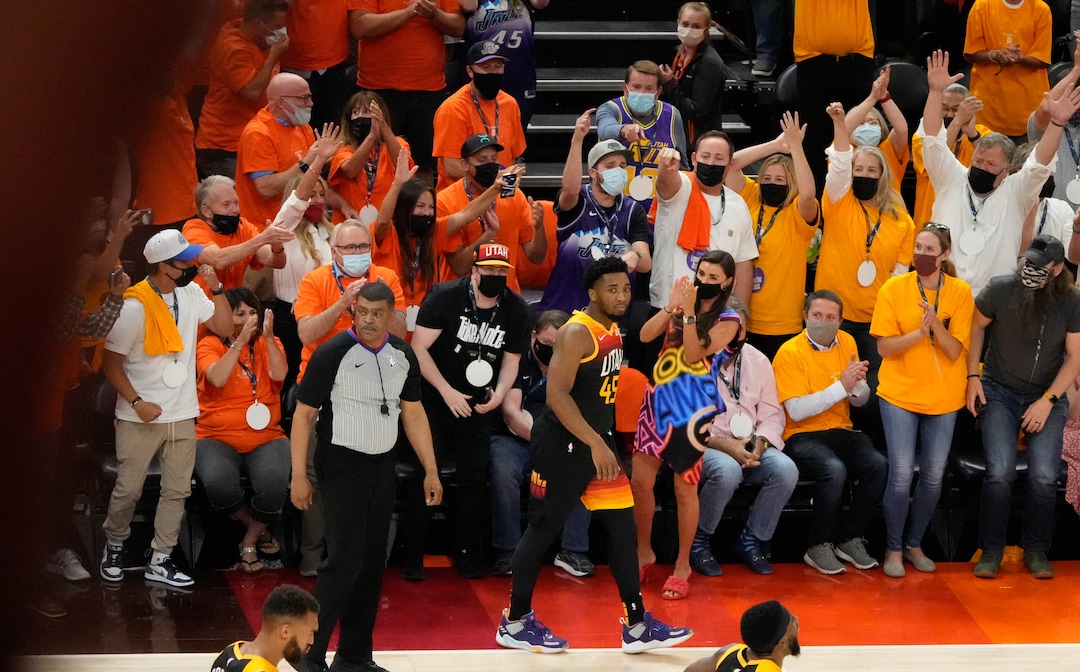 (Francisco Kjolseth | The Salt Lake Tribune) Utah Jazz guard Donovan Mitchell (45) is cheered by fans after shooting a three pointer in the first half of Game 5 of an NBA basketball first-round playoff series Wednesday, June 2, 2021, in Salt Lake City, UT.