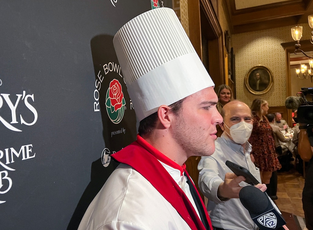 (Josh Newman | The Salt Lake Tribune) Utah quarterback Bryson Barnes talks to media while the team eats dinner at Lawry's The Prime Rib in Beverly Hills, Calif., Thursday, Dec. 29, 2022.