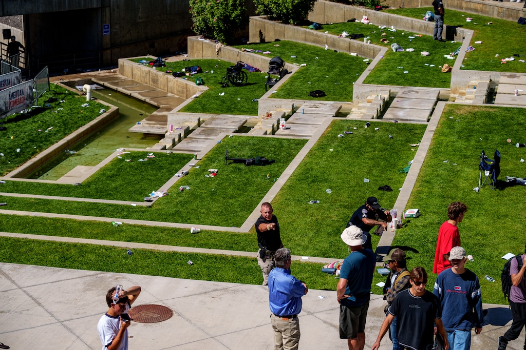 (Trent Nelson  |  The Salt Lake Tribune) The nearly empty Utah Valley University courtyard not long after conservative commentator Charlie Kirk was fatally shot on Wednesday, Sept. 10, 2025.