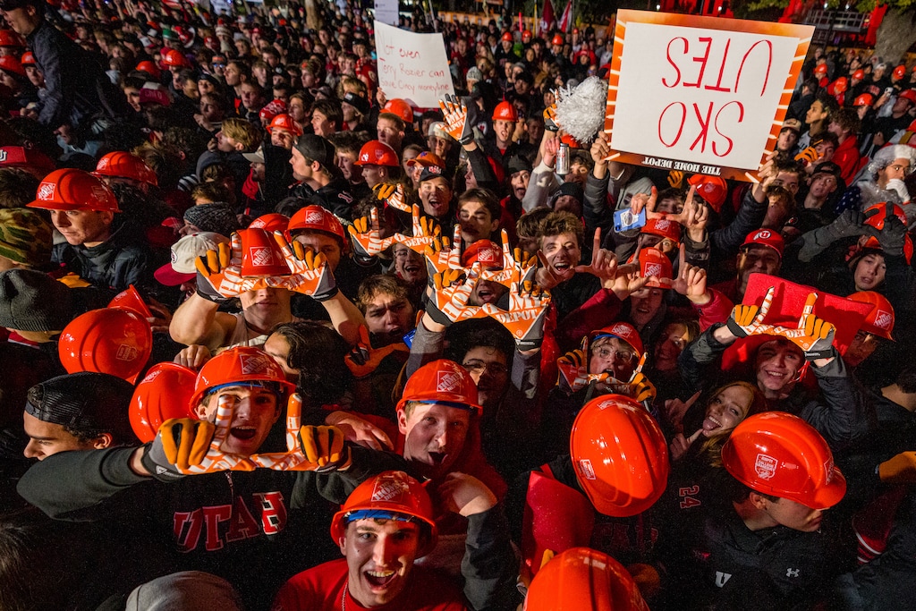 (Trent Nelson  |  The Salt Lake Tribune) Utah fans during the broadcast of ESPN’s ‘College GameDay’ at the University of Utah in Salt Lake City on Saturday, Nov. 1, 2025.