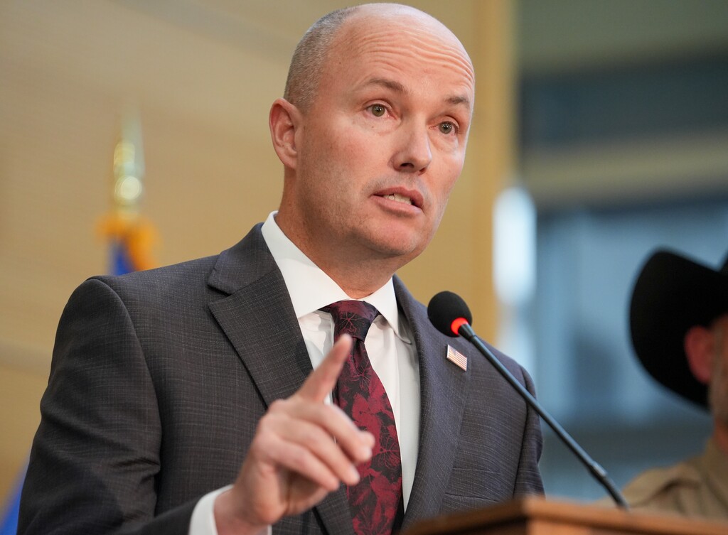 (Chris Samuels | The Salt Lake Tribune) Gov. Spencer Cox calls for more civil political discourse Friday at a news conference announcing the arrest of a suspect in the shooting death of Charlie Kirk.