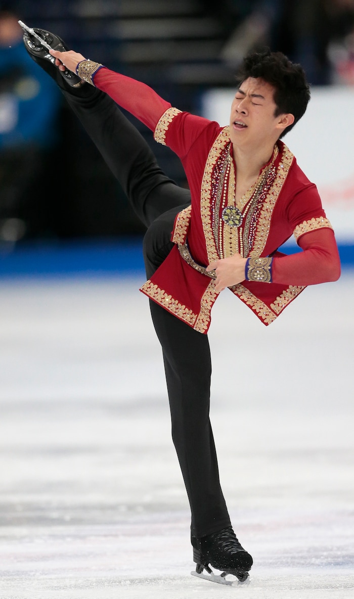 Nathan Chen, of the United States, skates his free program at the World figure skating championships in Helsinki, Finland, on Saturday, April 1, 2017. (AP Photo/Ivan Sekretarev)