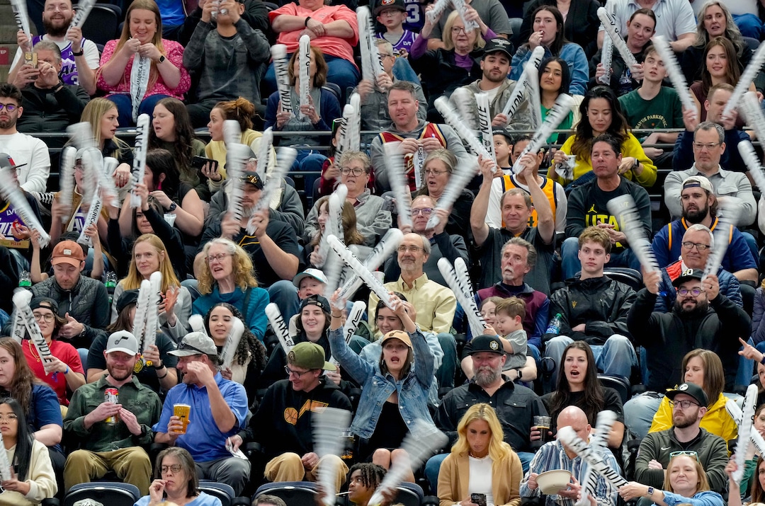 (Francisco Kjolseth  |  The Salt Lake Tribune) Jazz fans try to distract a free throw by the Cleveland Cavaliers during game play at the Delta Center in Salt Lake City on Tuesday, April 2, 2024.