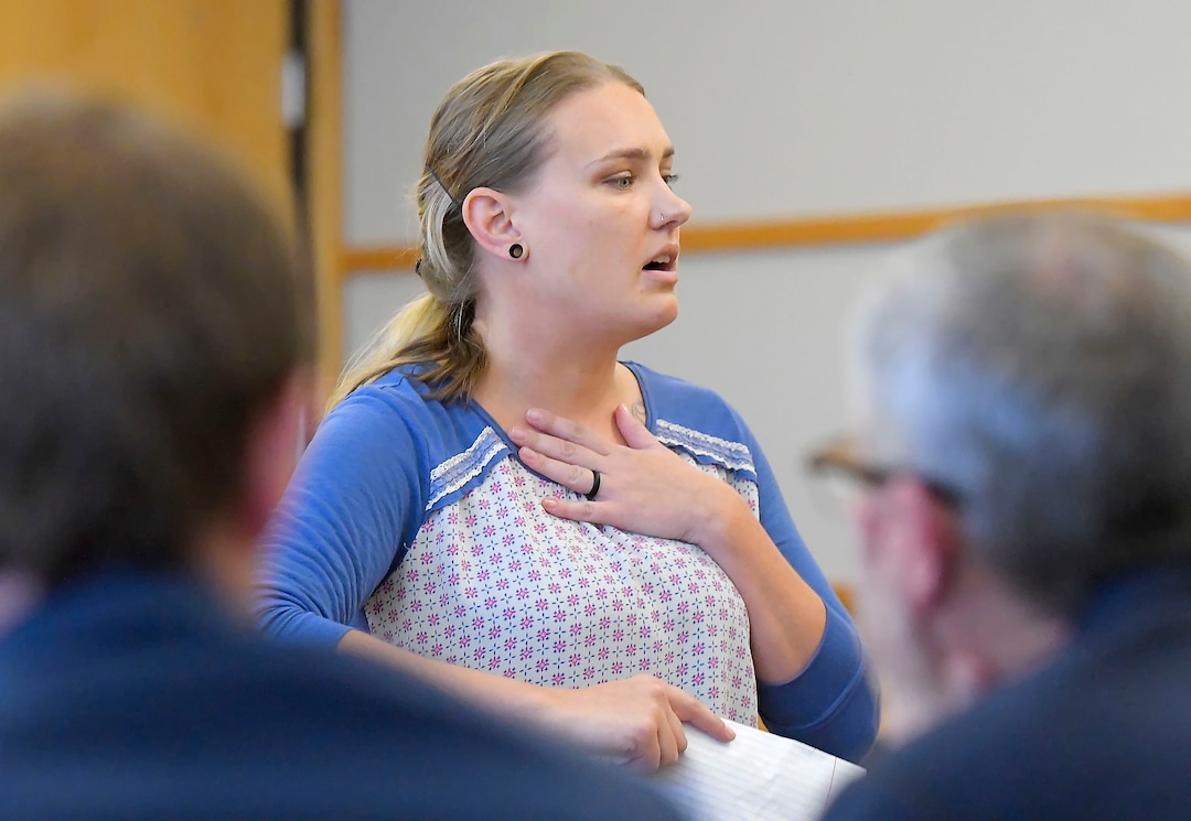 (Eli Lucero  |  Herald Journal) Liesel Black Merrill, aunt of Lizzy Shelley, addresses Alex Whipple during his sentencing hearing on Tuesday in Logan. Whipple was sentenced to life without the possibility of parole for murdering his niece Shelley. 
