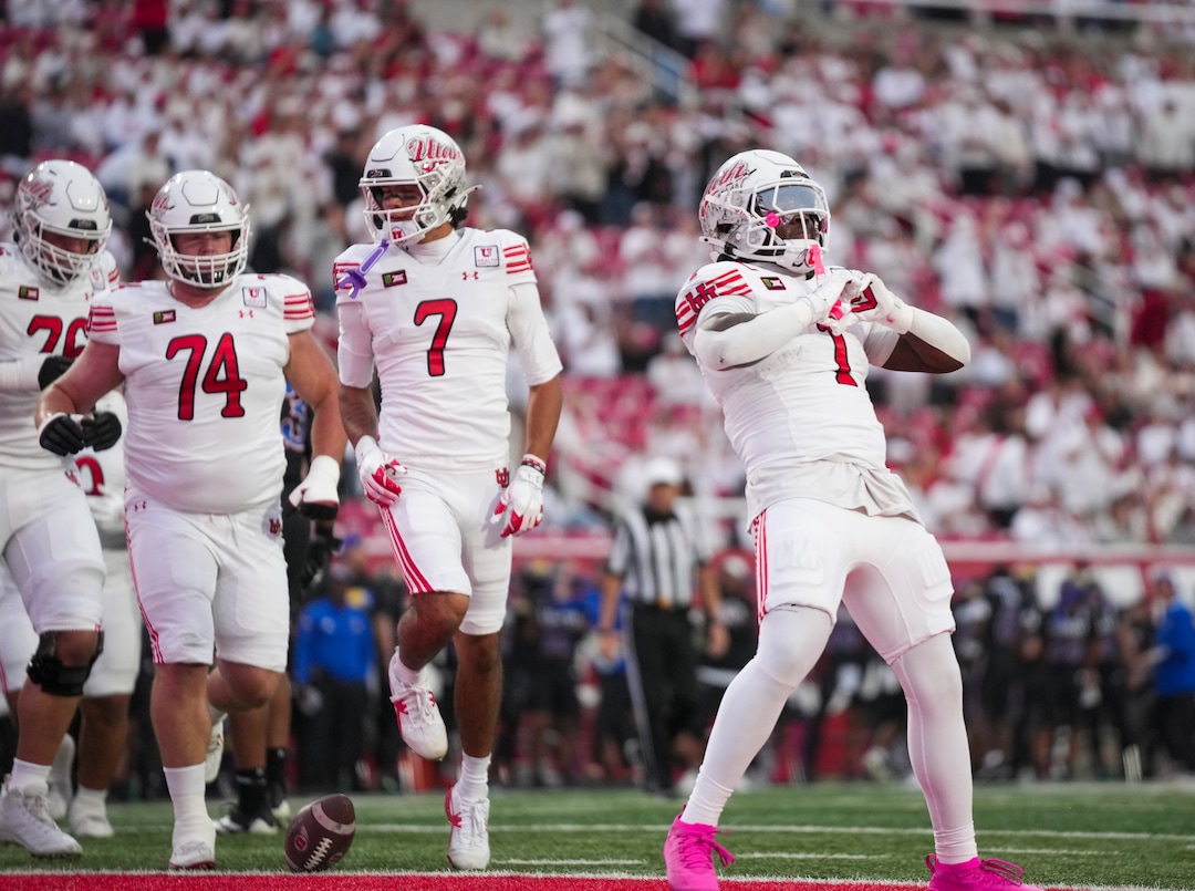 (Bethany Baker  |  The Salt Lake Tribune) Utah Utes running back Wayshawn Parker (1) reacts after scoring a touchdown during the game between the Utah Utes and the Kansas Jayhawks at Rice-Eccles Stadium in Salt Lake City on Saturday, Oct. 10, 2026.