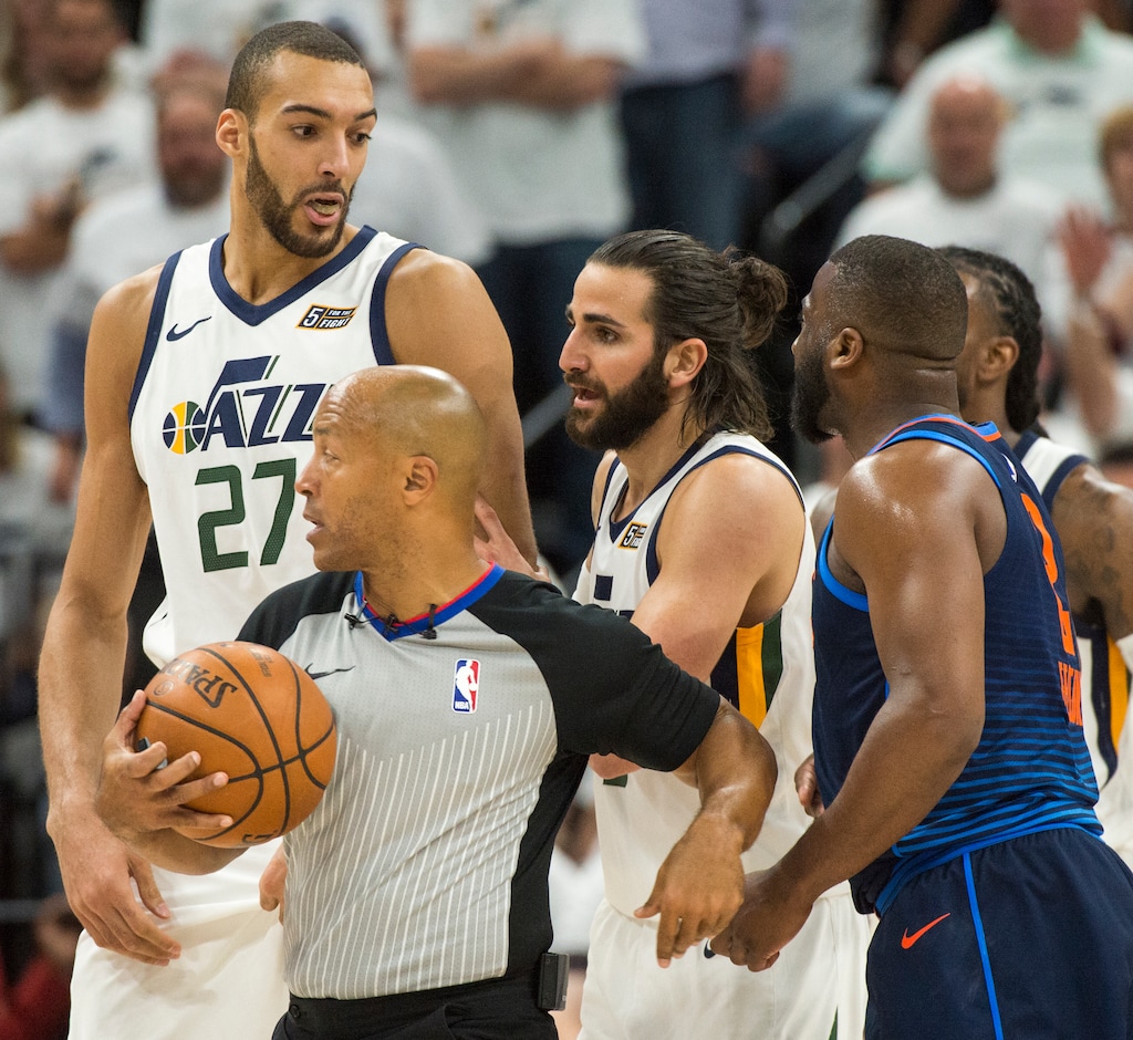 (Rick Egan  |  The Salt Lake Tribune)    Utah Jazz center Rudy Gobert (27) reacts after being fouled, in game 4, NBA playoff action between Utah Jazz and Oklahoma City Thunder, in Salt Lake City, Monday April 23, 2018.
