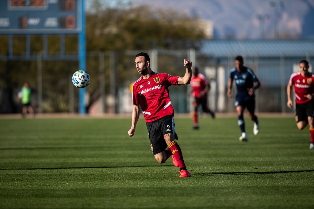 (Photo courtesy of Real Salt Lake) Forward Justin Meram looks to settle the ball during a preseason game against Sporting Kansas City on Feb. 15, 2020.