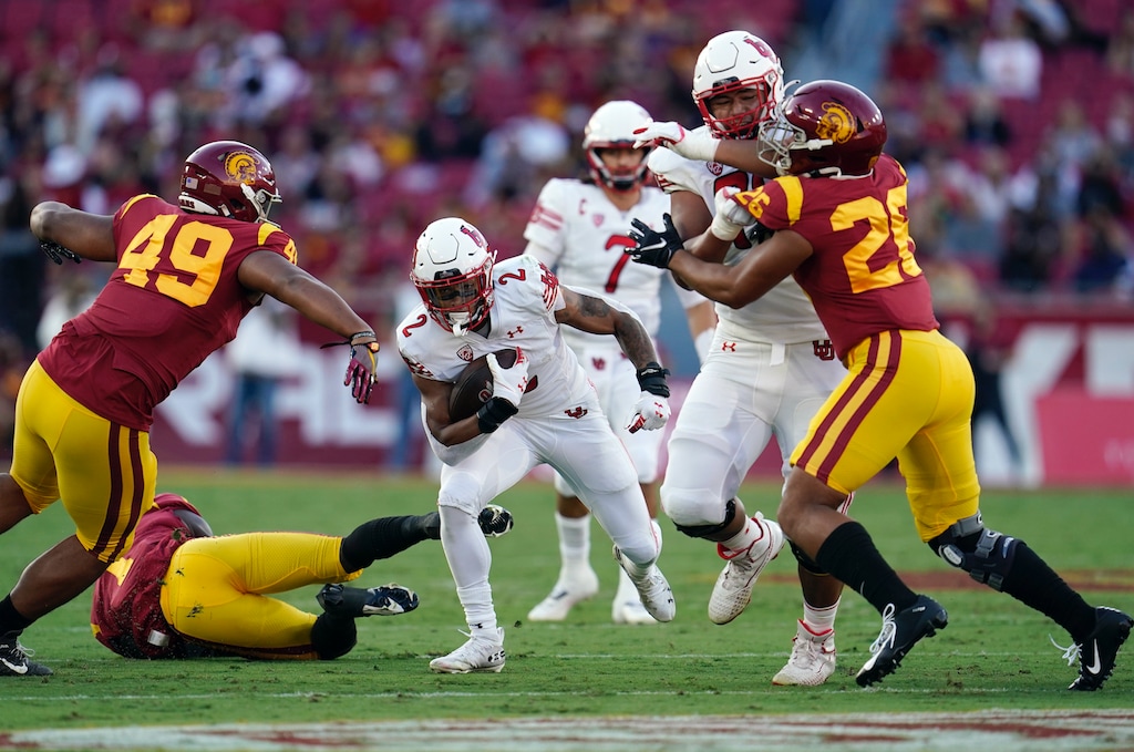 (Marcio Jose Sanchez | AP) Utah running back Micah Bernard (2) carries during the first half of the team's NCAA college football game against Southern California on Saturday, Oct. 9, 2021, in Los Angeles.