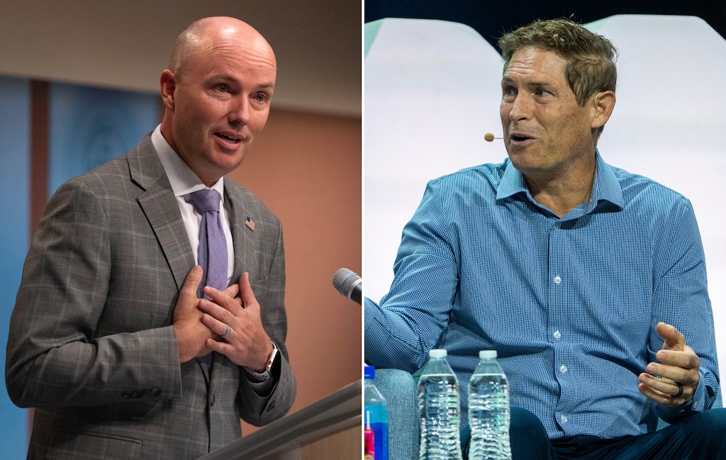 (The Salt Lake Tribune) Utah Gov. Spencer Cox, left, and former BYU and NFL quarterback Steve Young are just a few Latter-day Saints who will take the stage at the Restore gathering in Sandy.
