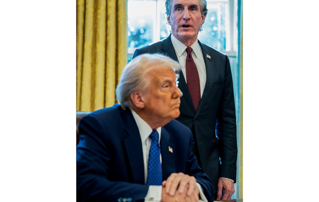 (Haiyun Jiang | The New York Times) Interior Secretary Doug Burgum during President Donald Trump's signing of executive orders and press conference in the Oval Office of the White House in Washington, Feb. 14, 2025. The Interior Department said it would fast-track the permitting process for a uranium mine in Utah as part of President Trump’s plan to shorten environmental reviews and speed the construction of certain types of energy projects.