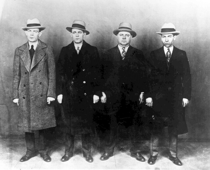 FILE - In this Oct. 20, 1930, file photo from left, gangsters Ed Diamond, Jack Diamond, Fatty Walsh and Charles "Lucky" Luciano pose for a photo in New York. It's simplistic to say Prohibition created organized crime in America, but it fueled a huge expansion as local crime gangs collaborated with those from other regions to establish shipping systems and set prices for bootlegged alcohol. (AP Photo, File)