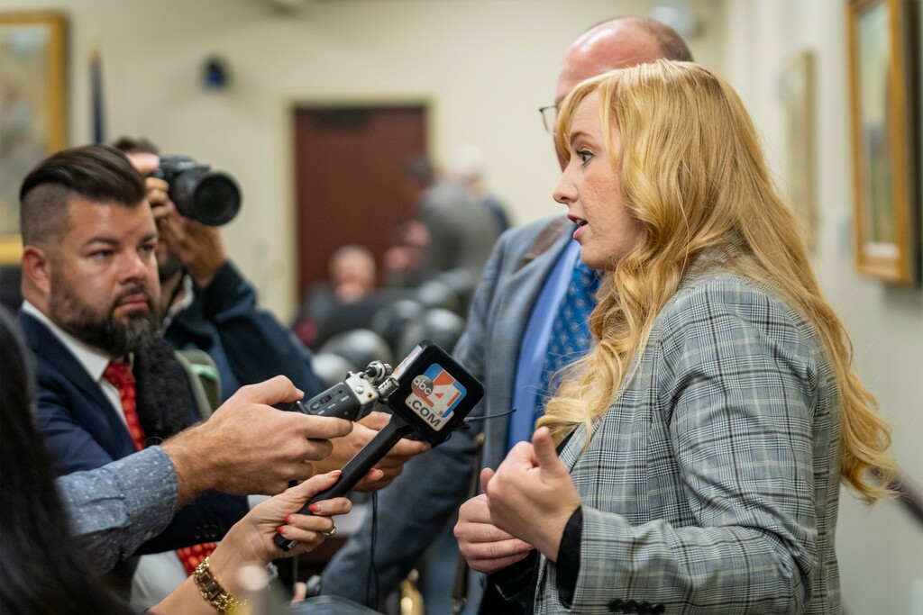 (Rick Egan | The Salt Lake Tribune) Rep. Candice Pierucci, R-Riverton, defends the Congressional map chosen by the Legislative Redistricting Committee, on Monday, Oct. 6, 2025.