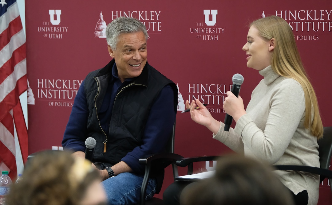 (Francisco Kjolseth  |  The Salt Lake Tribune)  Former Utah Governor and Ambassador Jon Huntsman sits down with ASUU Student Body President Annamarie Barnes at the Hinckley Institute of Politics on the University of Utah campus on Thursday, Dec. 5, 2019, to discuss his long career in public service spanning from UtahÕs GovernorÕs Mansion to Chinese and Russian ambassadorships and examine the increasing significance Utah plays in our globalized world.