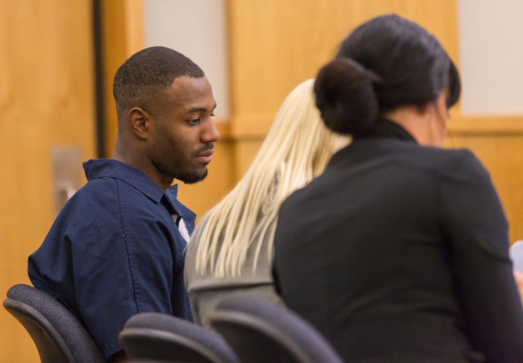 Samuel Brown  |  Pool PhotoFormer Utah State University linebacker Torrey Green appears in the First District court on Wednesday, beginning the first day of a three-day preliminary hearing. Green is charged with six counts of rape, one count of aggravated kidnapping, three counts of forcible sex abuse and two counts of object rape.