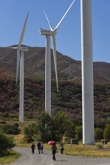 Francisco Kjolseth | The Salt Lake TribuneRocky Mountain Power hosts a tours to tout its Blue Sky clean energy program with a bus trip to the wind farm at the base of Spanish Fork canyon. Rocky Mountain Power contracts to buy the power from the station with nine wind mills, which at capacity generates 18.9 megawatts an hour. 