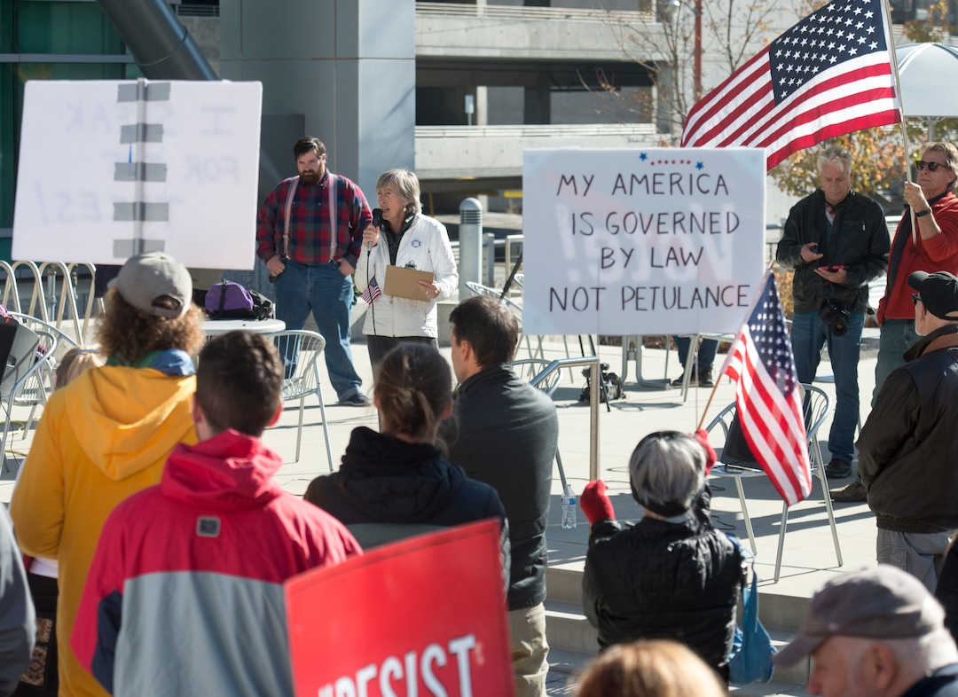 (Rick Egan  |  The Salt Lake Tribune)    Joanne Slotnik speaks to protesters at the "Rally for the Rule of Law" to urge Utah’s Members of Congress to prevent President Donald Trump from compromising the independence of Special Counsel Robert Mueller, at the Federal Building, Saturday, Nov. 10, 2018.